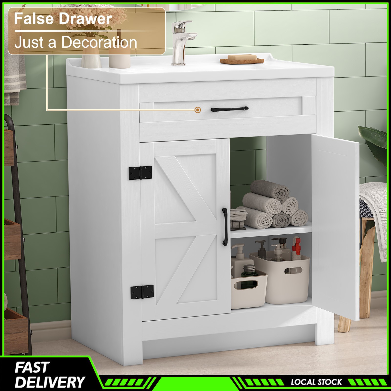 31″ Bathroom Vanity Cabinet with Ceramic Sink Freestanding Storage with Drawer