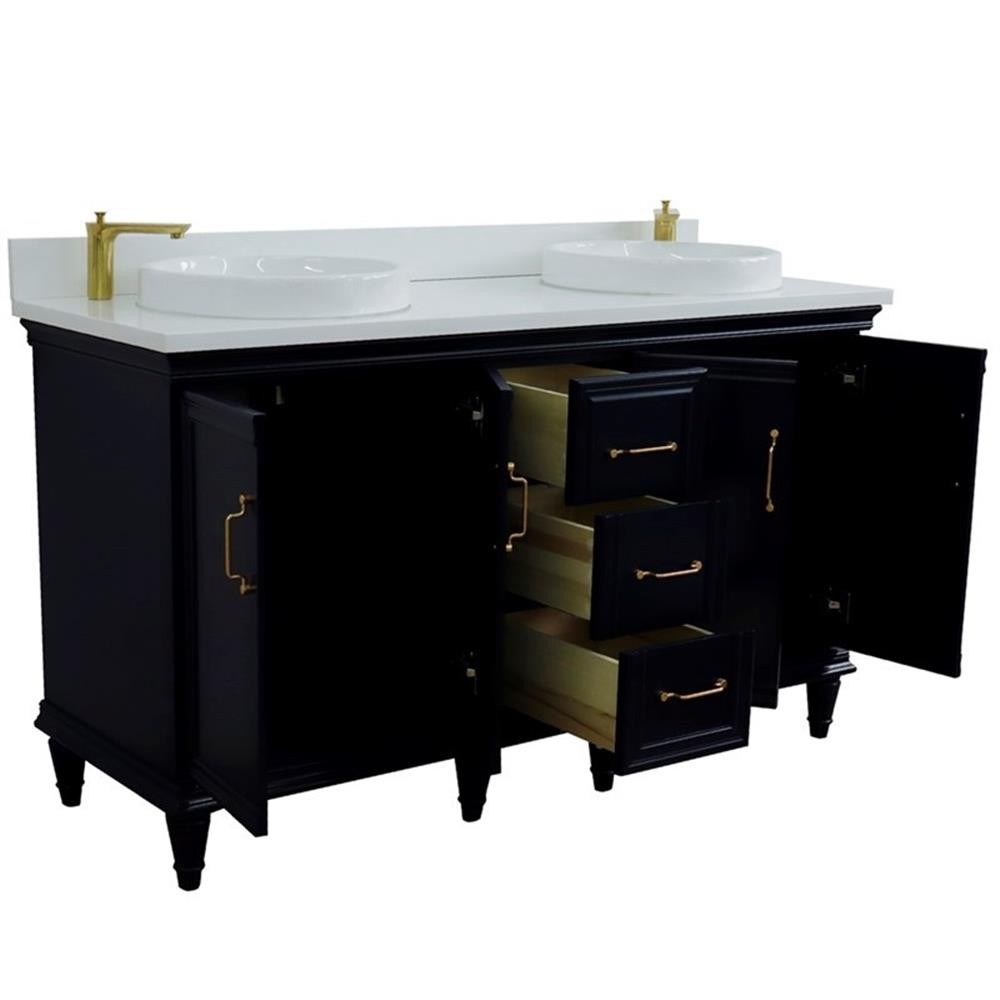 61 in. Double Wooden Vanity Blue White Quartz Round Sink