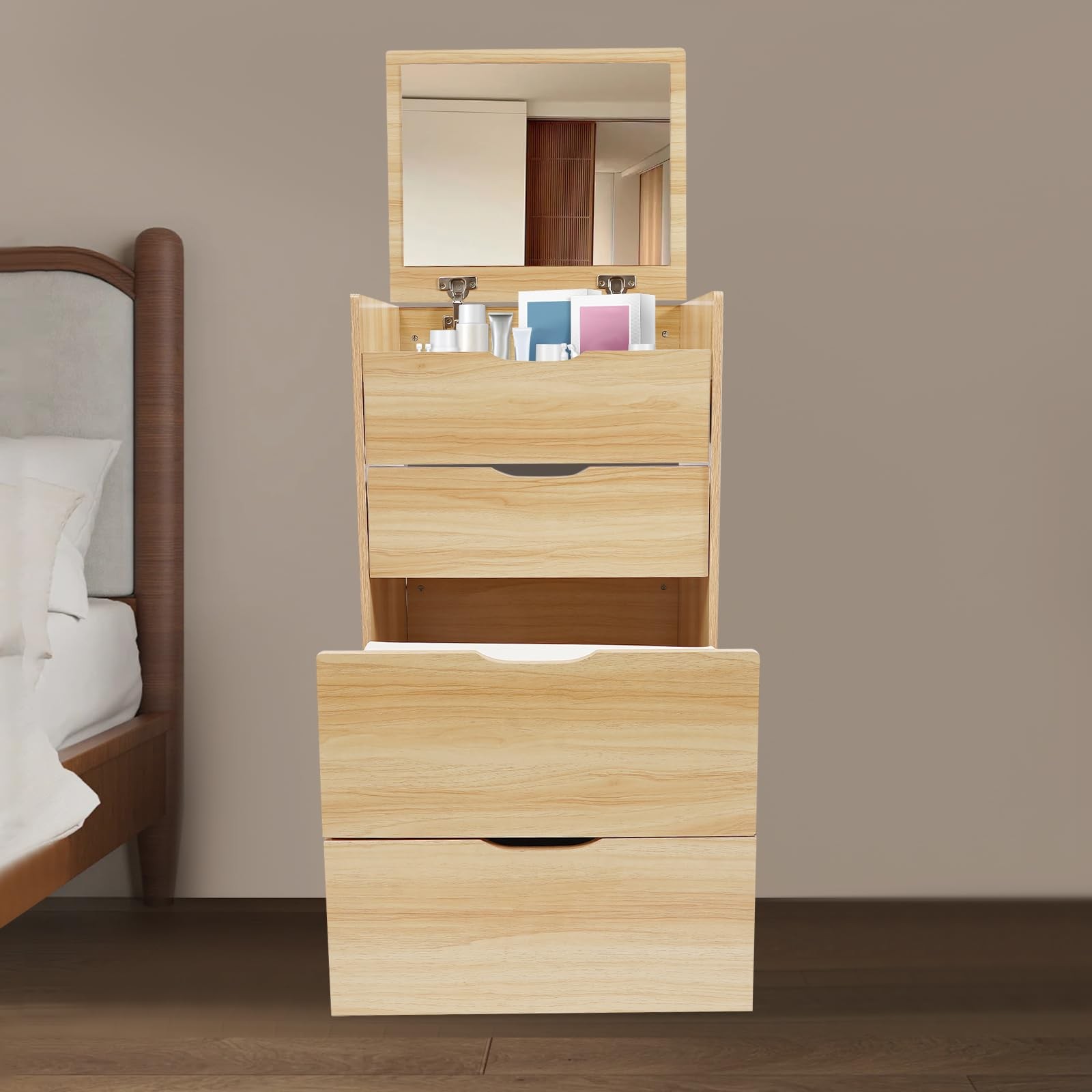 Compact 3-in-1 Flip Top Vanity Desk with Mirror 3 Drawers Stool Log Color