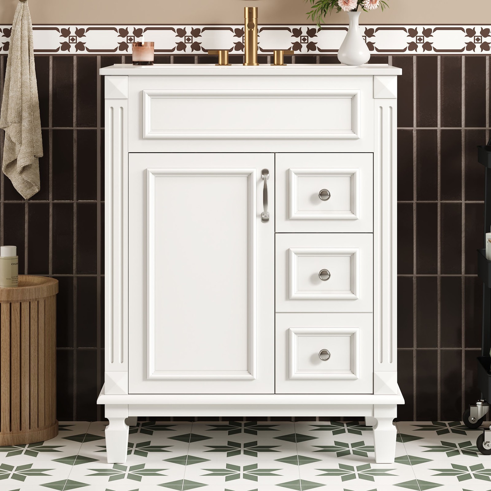 24″ Bathroom Vanity w/Ceramic Sink, Small Bathroom Sink Cabinet with 2 Drawers