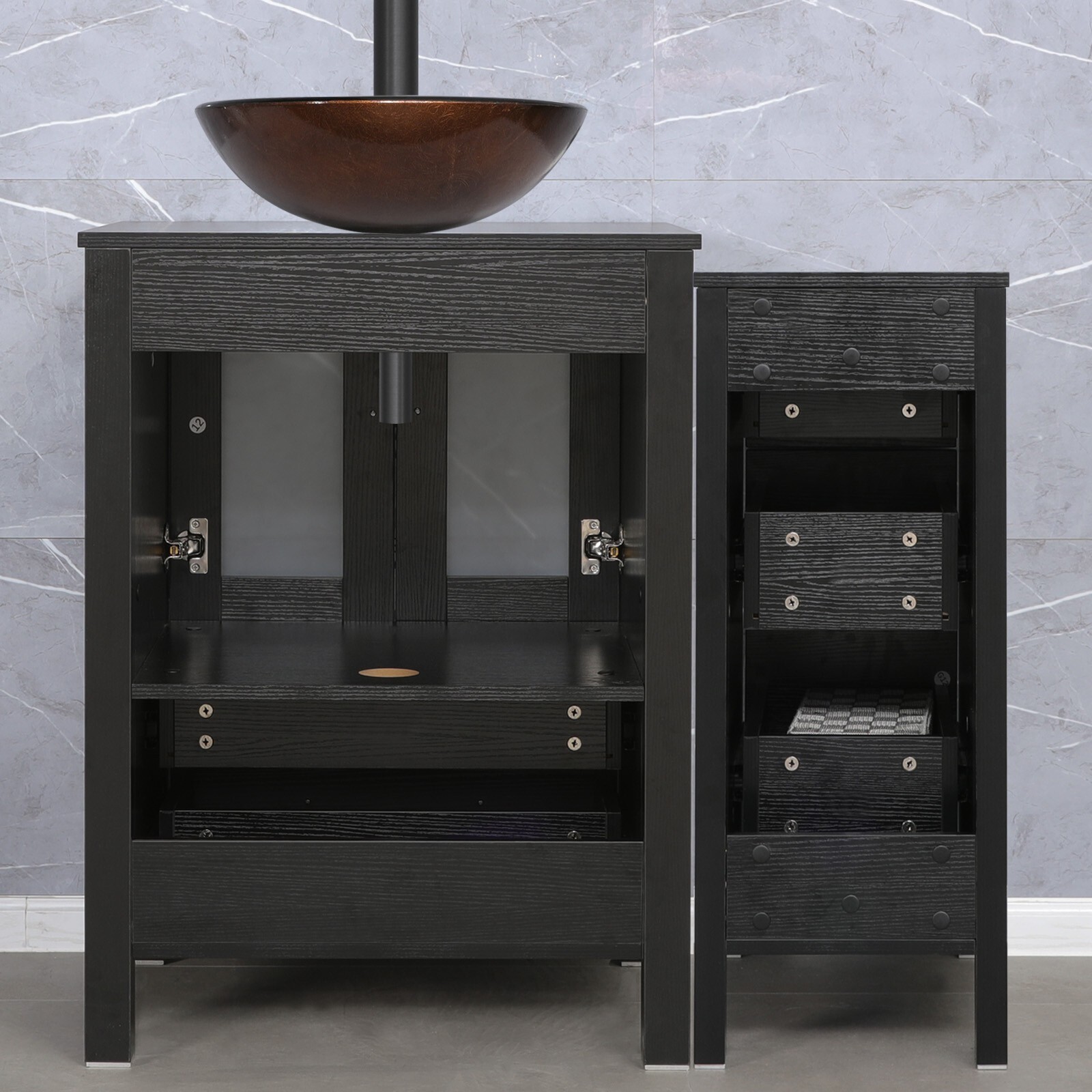 36″ Black Bathroom Vanity Set Small Cabinet Vessel Glass Sink Combo No Mirror