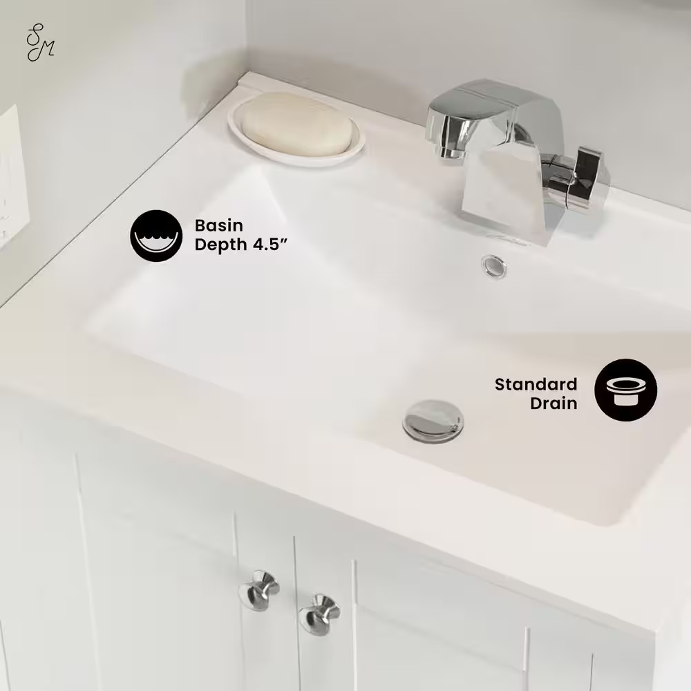 24 In. Ceramic Single Faucet Hole Vanity Top in White with White Basin