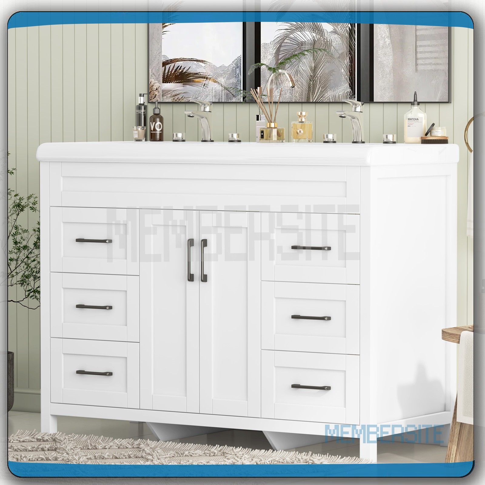 47.3″ Bathroom Vanity w/Double Ceramic Sinks Storage Cabinet Vanity Freestanding