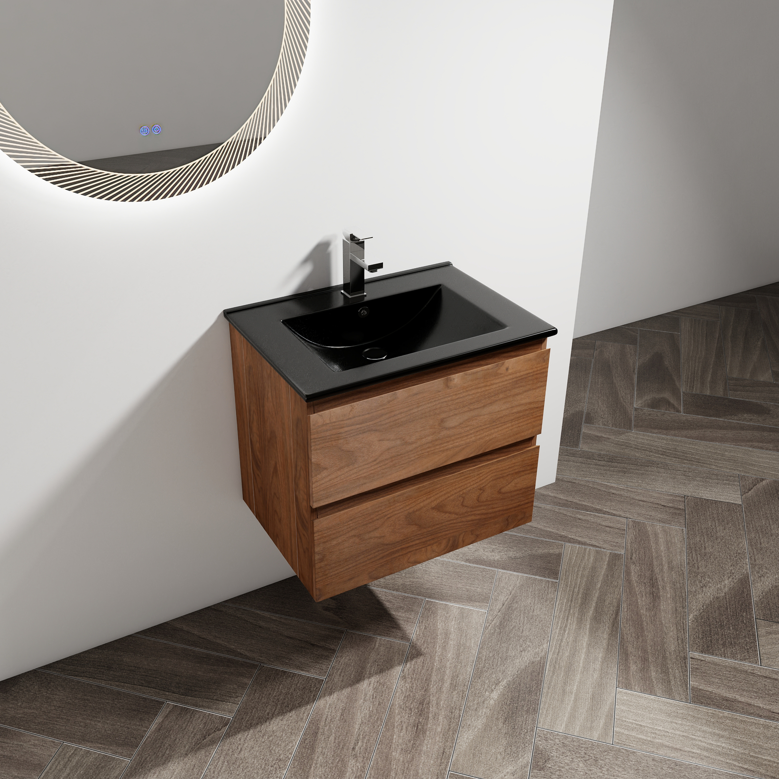 24in Wall Mounted Floating Cabinet Bathroom Vanity Cabinet 2 Drawers +Black Sink