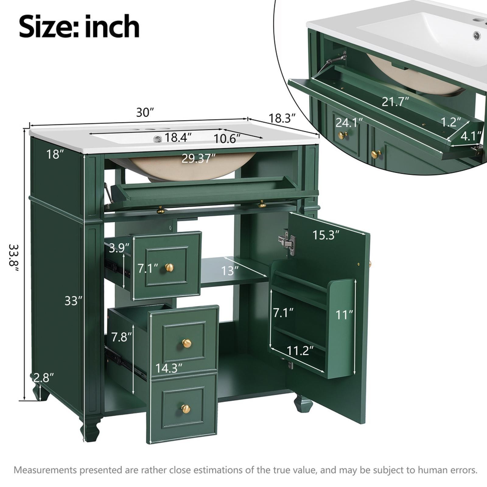 French Bathroom Vanity with Ceramic Basin, Adjustable Storage, Doors, and