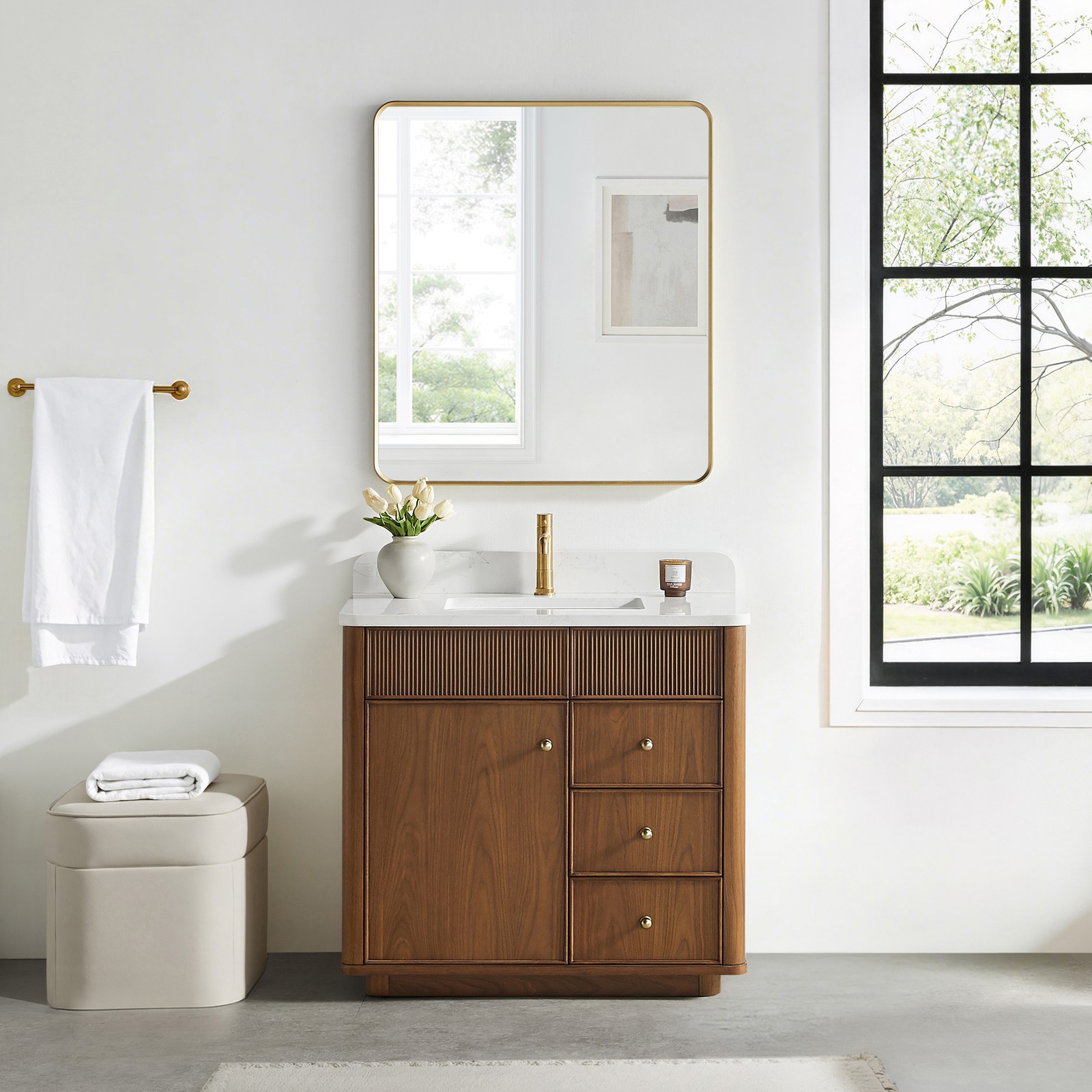 Zogno 36″ Single Sink Bath Vanity in Natural Walnut with White Grain Stone Top