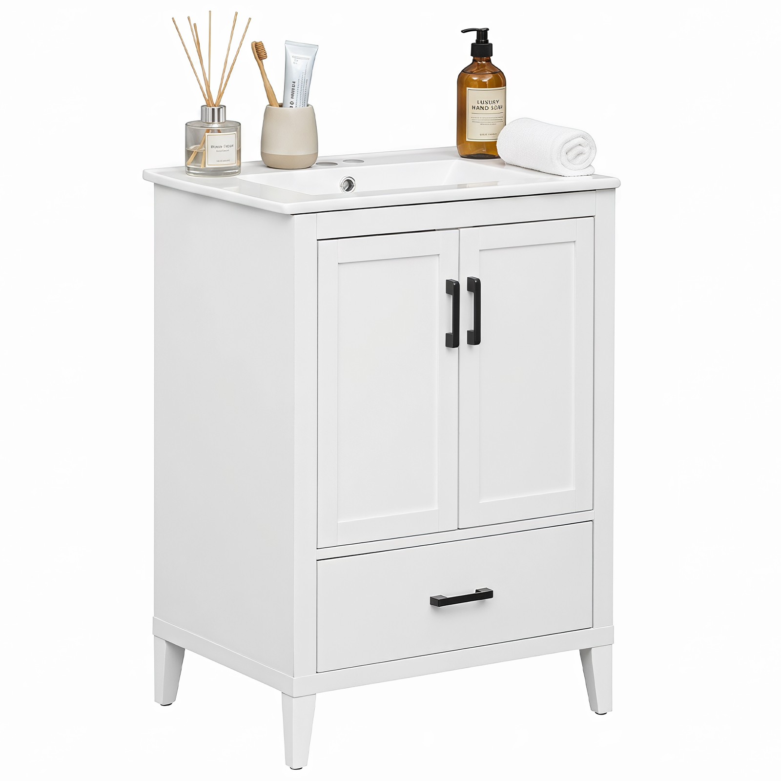 24.5” Modern Bathroom Vanity w/Sink, 2 Doors & Drawer, Rubber Wood Legs, White