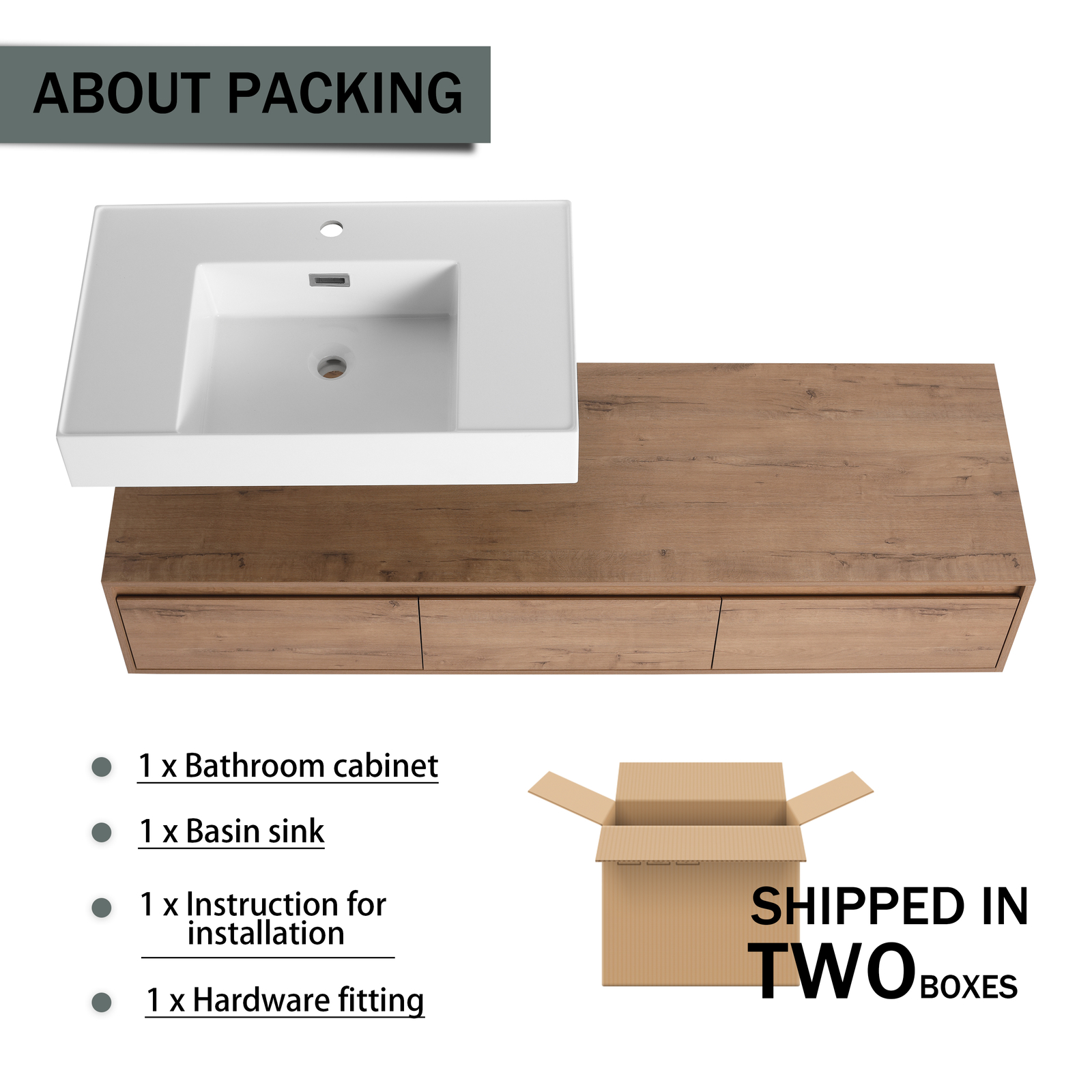 60″ Wood Wall Mount Bathroom Vanity Resin Sink Floating Vanity Sink Vessel Sink