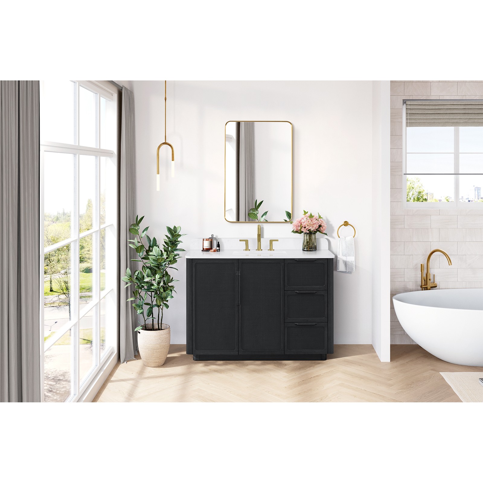 Busan 48″ Single Bath Vanity in Oak Classic Black with White Quartz Stone Top
