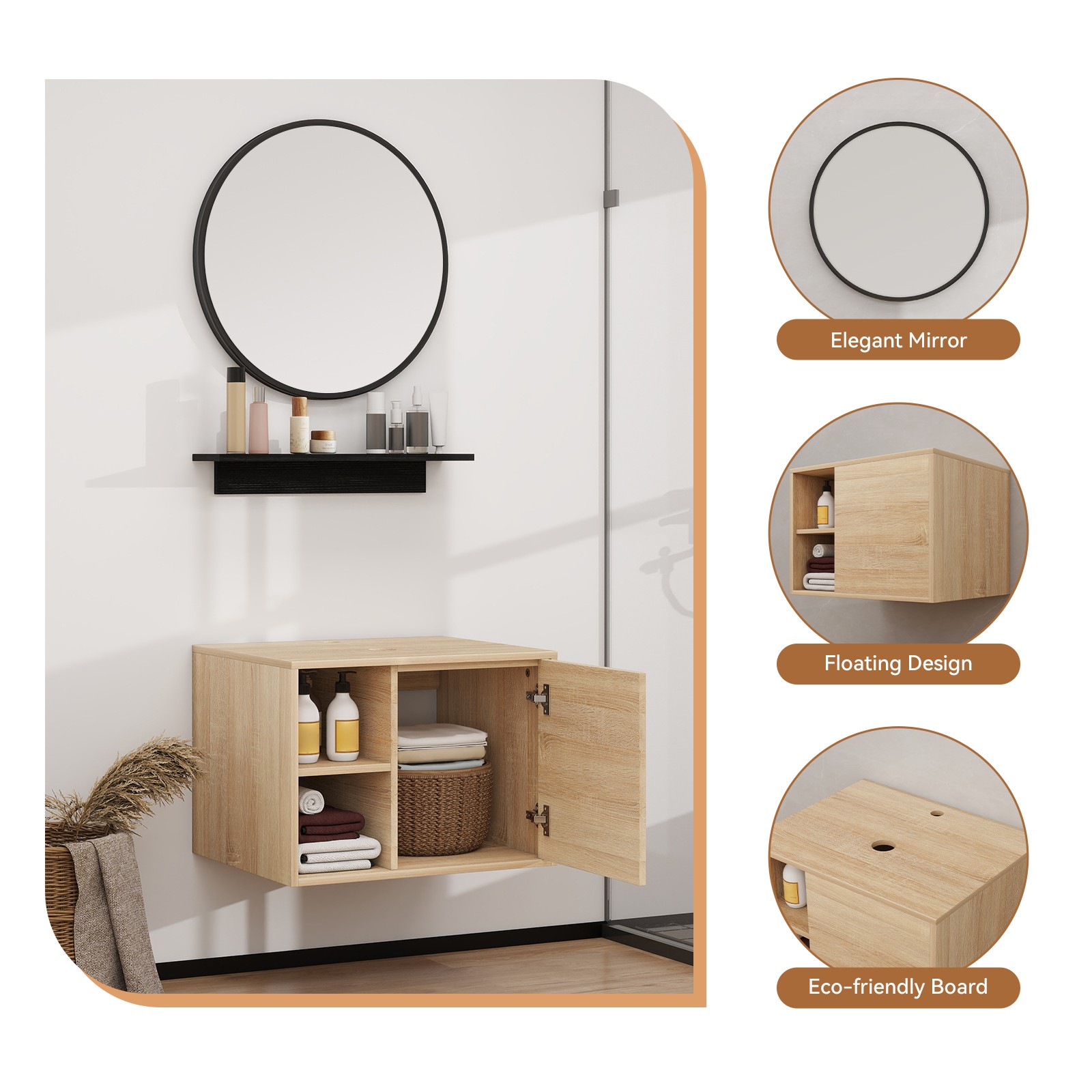 24″ Bathroom Vanity Set Wall Mounted Floating Storage Cabinet Open Shelves Sink