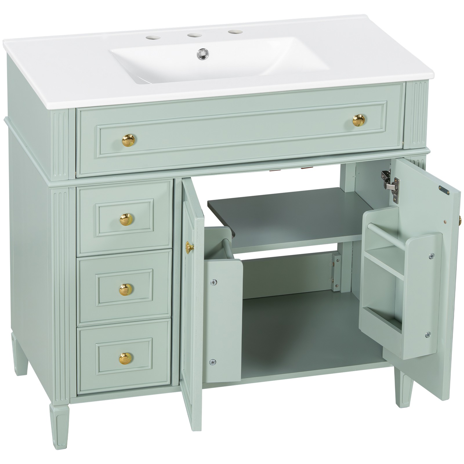 36 Inch Bathroom Vanity with Sink, Green Solid Wood Cabinet, Gold Handles
