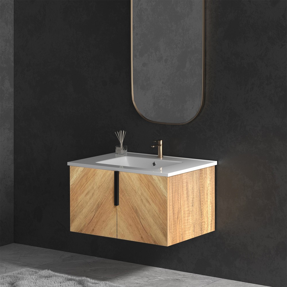30″ Wall Mount Bathroom Vanity w/ Integrated Sink & 3D Fluted Panel