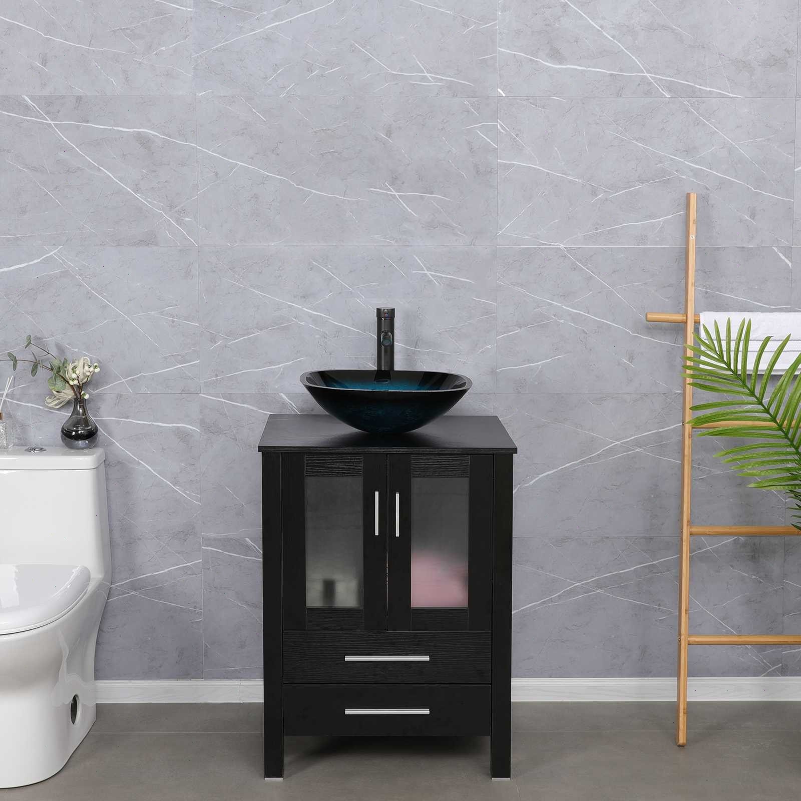 24″ Bathroom Vanity Cabinet Combo Organizer Top Vessel Sink W/ Faucet Drain Hose