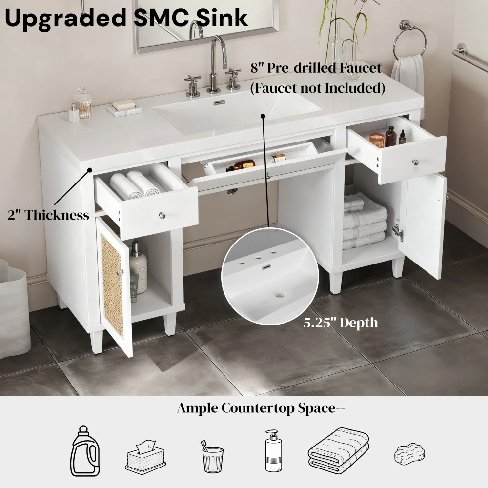 60 Inch Bathroom Vanity with SMC Sink, Modern Spacious Bathroom Storage Cabinet