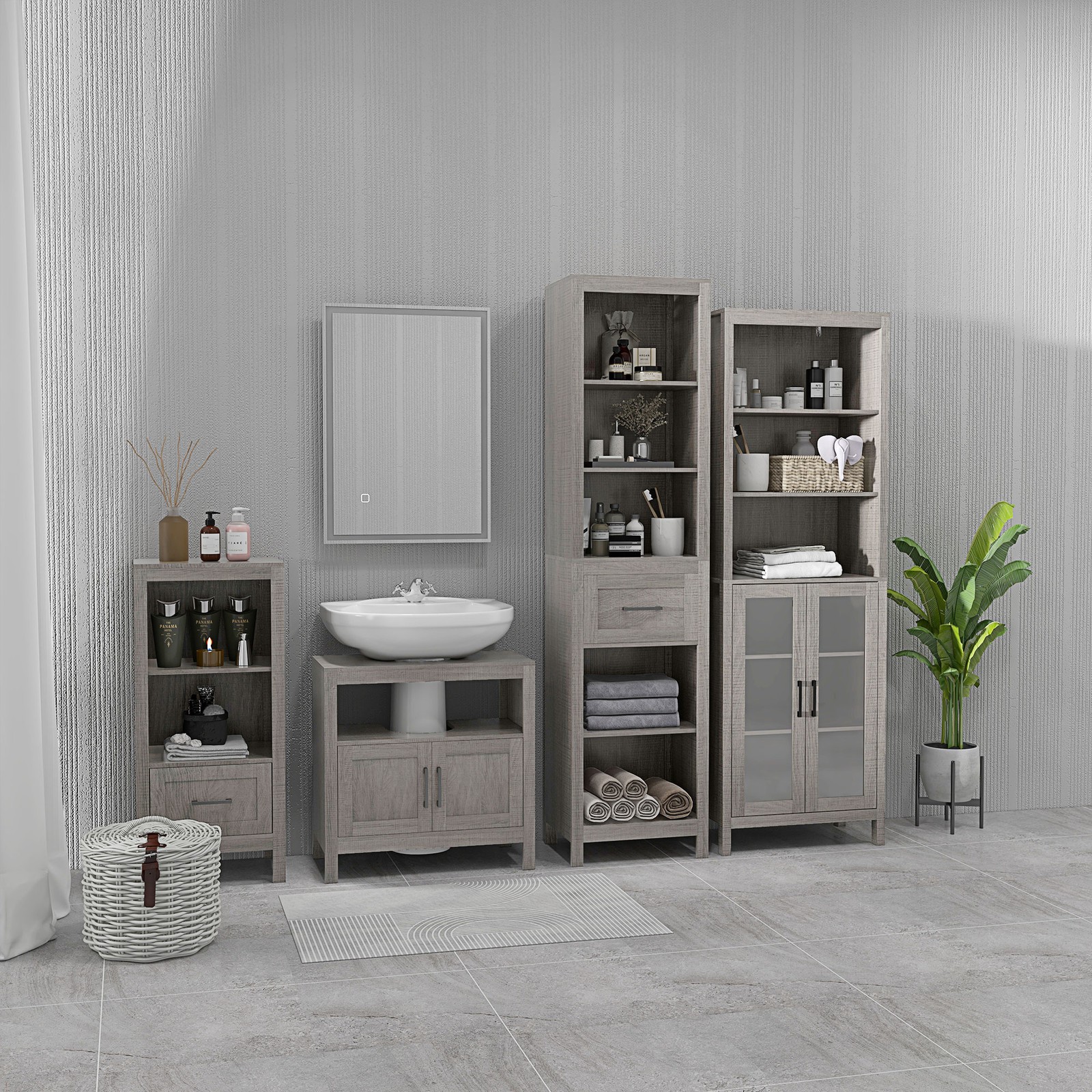 Wooden Pedestal Under Sink Storage Cabinet, Bathroom Organizer w/ 2 Doors, Grey