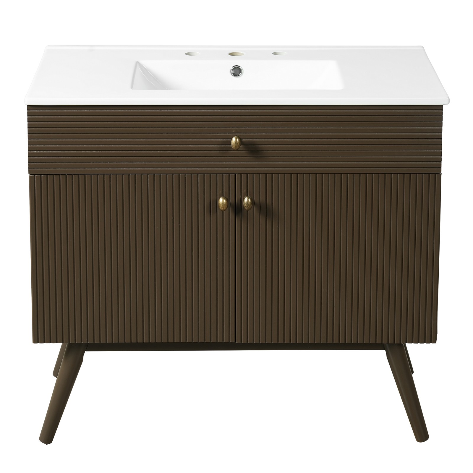 36″ Striped Bathroom Vanity, Soft-Close Dual-Door & Ceramic Sink, Dark Brown