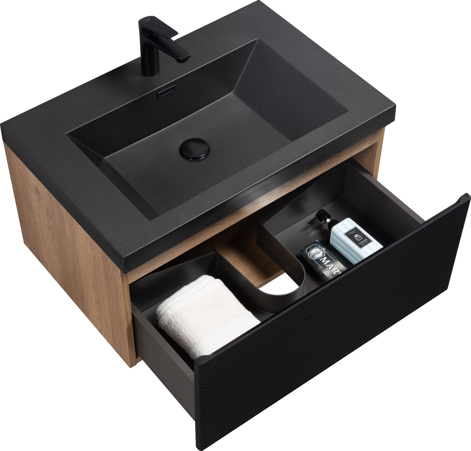 30” Bathroom vanity set floating vanity oak and black quartz sands basin top