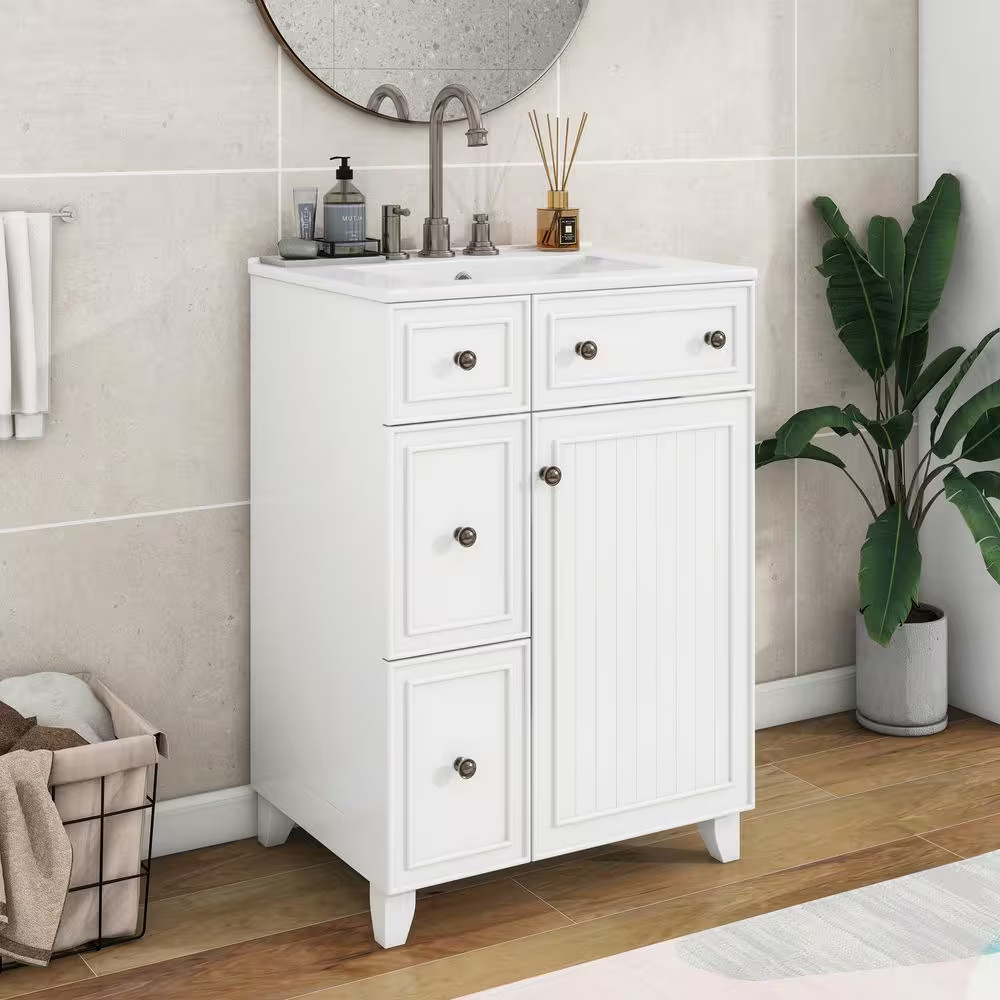 24 In. W Single Sink Freestanding Bath Vanity in White with White Ceramic Top an