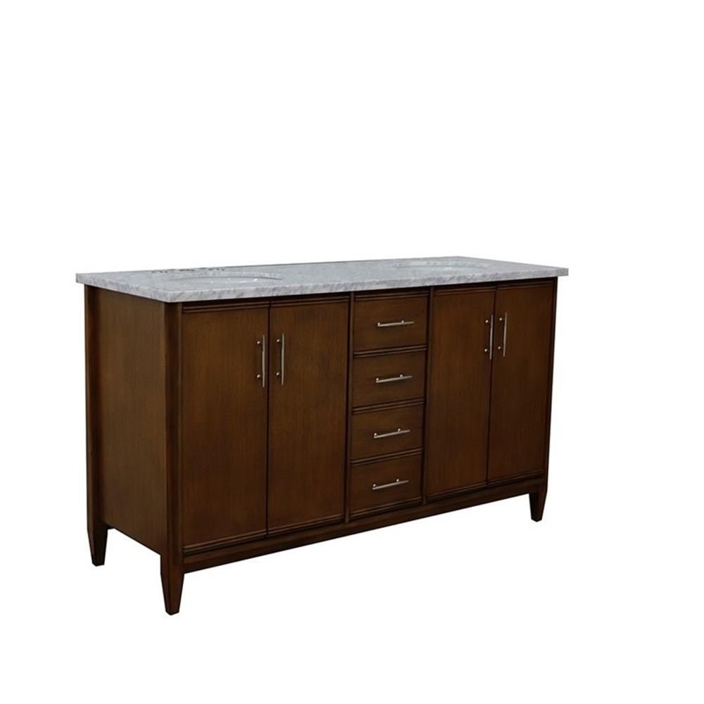 Pemberly Row 61″ Double Oval Sink Solid Wood Vanity in Walnut/White Carrara