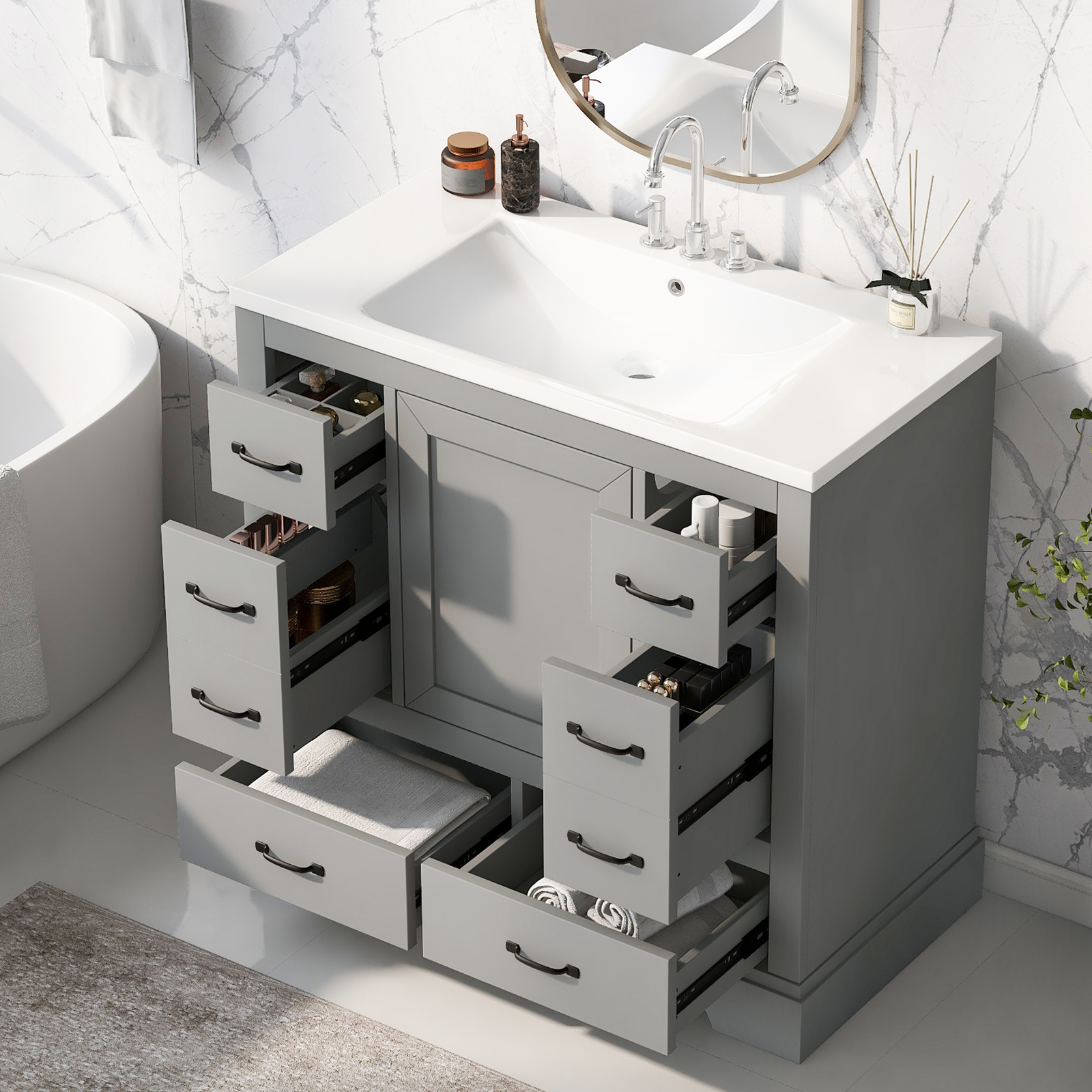 36“ Bathroom Vanity w/ Sink, 6 Drawers, Freestanding Storage Bath Vanity Cabinet