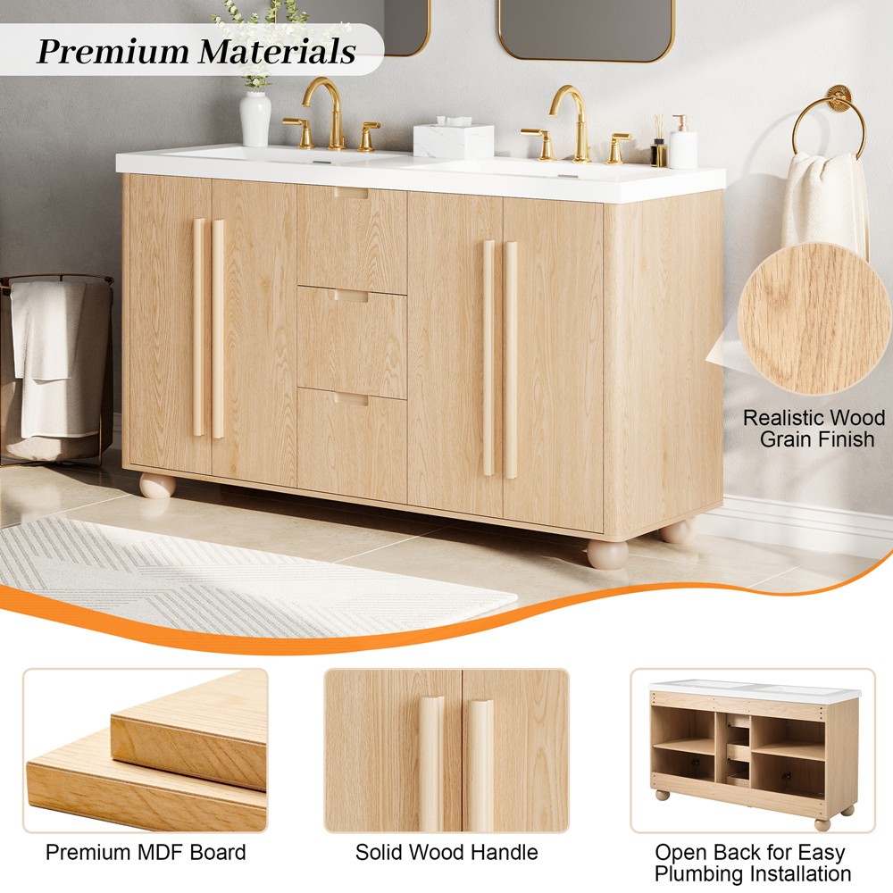 59″ Bathroom Vanity w/Double Sink,Freestanding Vanity Cabinet, 3 Drawers, 4 Door