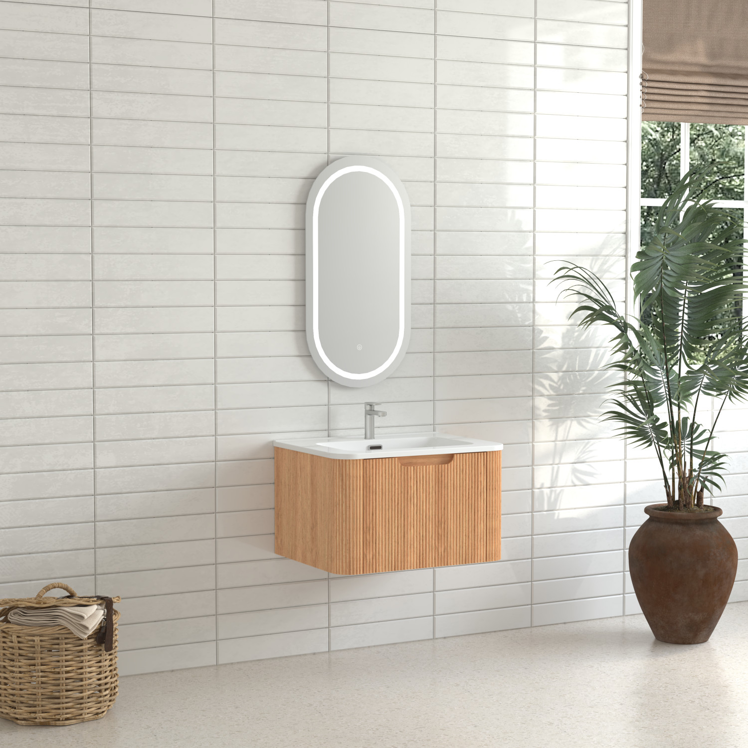 24″ Wall-Mounted Floating Bathroom Vanity with White Ceramic Basin Walnut