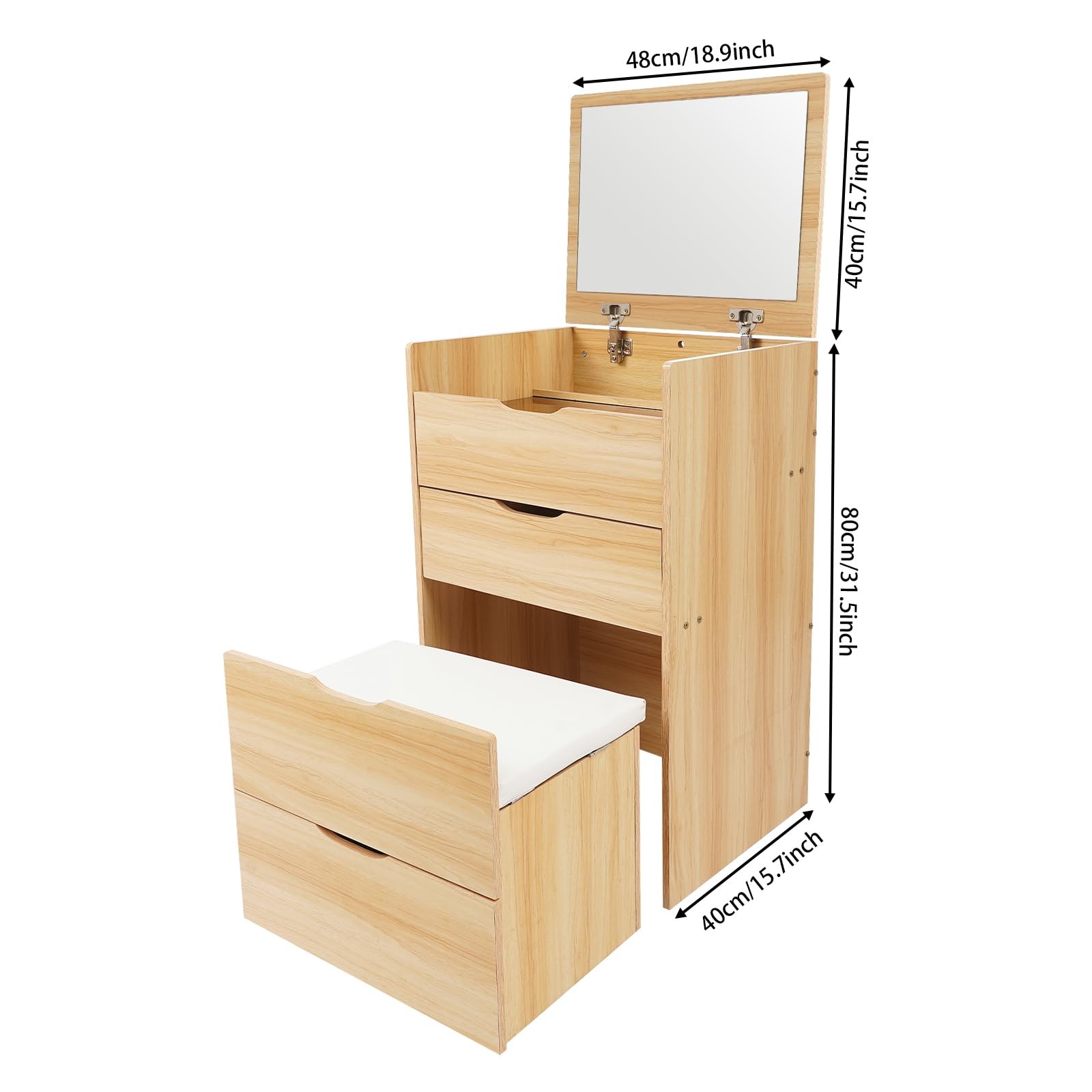 Compact 3-in-1 Flip Top Vanity Desk with Mirror 3 Drawers Stool Log Color