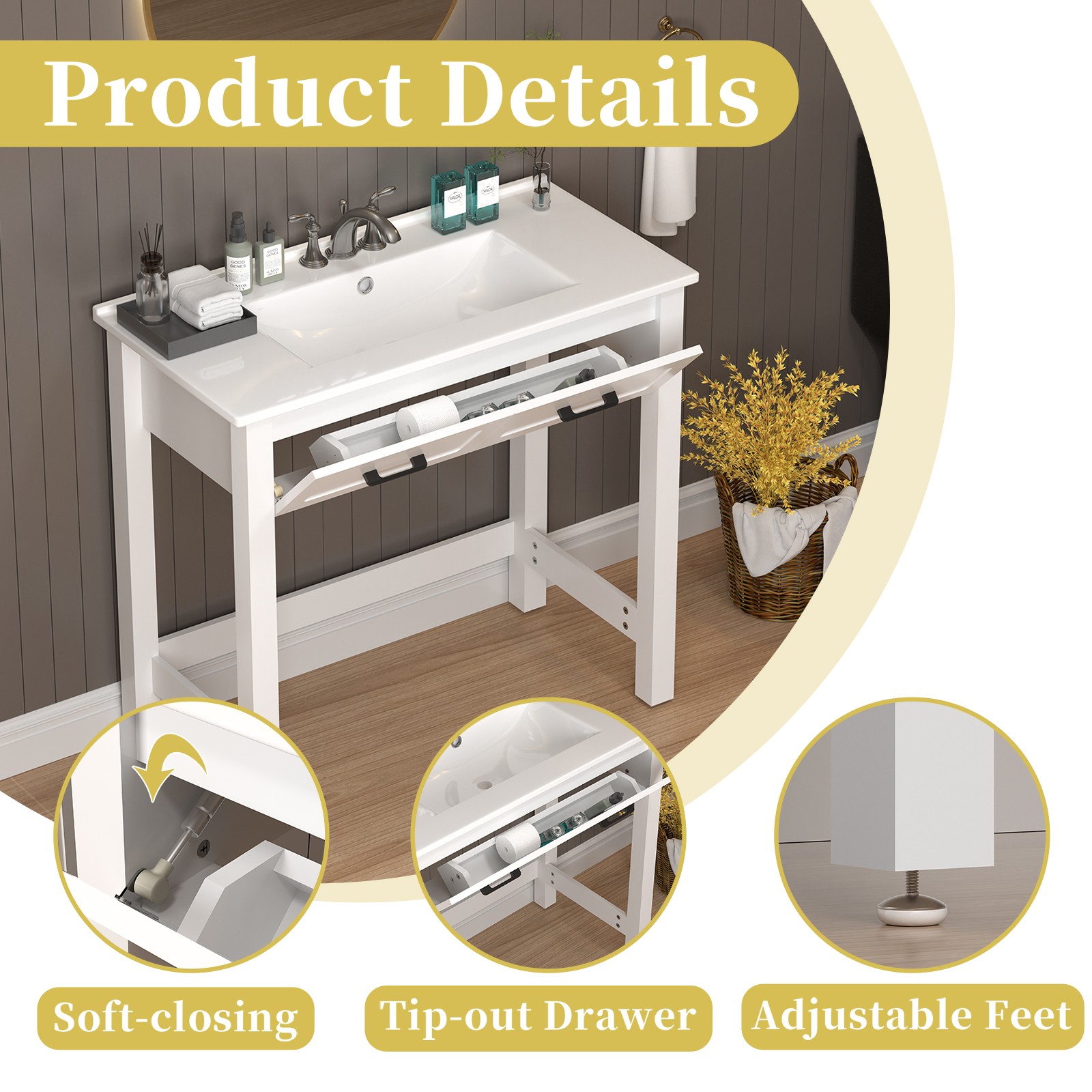 36″ White Bathroom Vanity with a Tip-out Drawer & Ceramic Sink for Elderly
