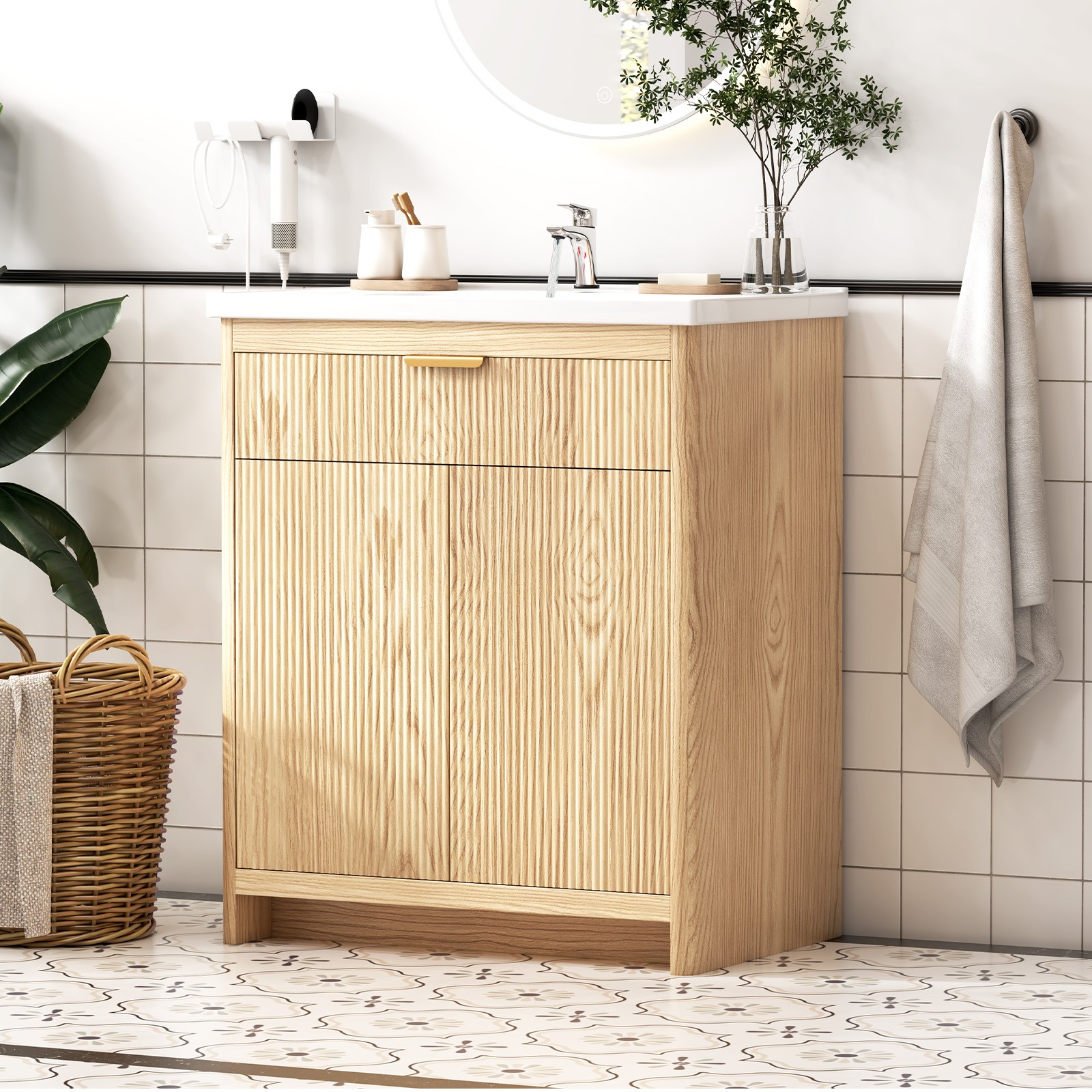 31″ Bathroom Vanity Cabinet Wooden with Top Ceramic Sink Combo Freestanding