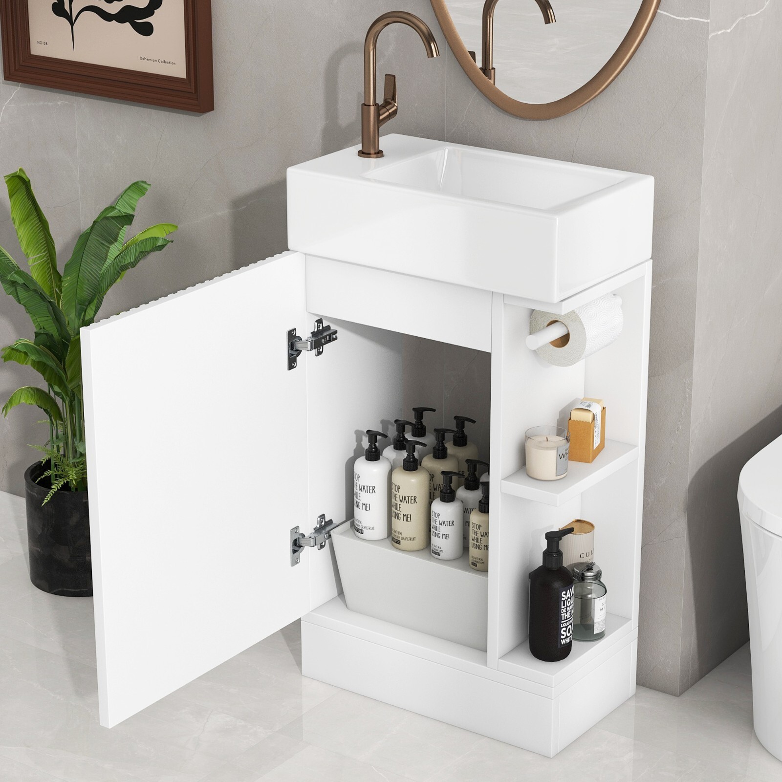 Wooden 18.6″ Bathroom Vanity Cabinet with Ceramic Sink Storage Shelf Tissue Rack