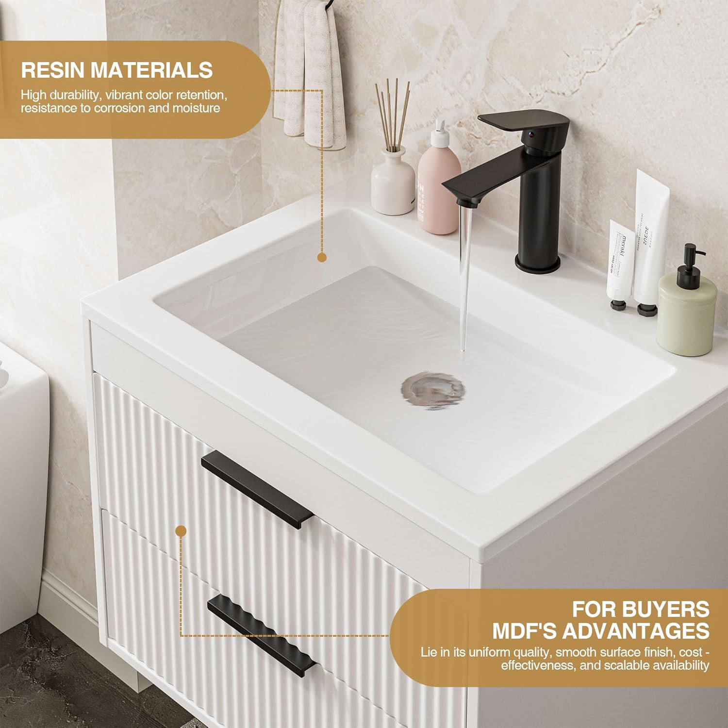 24″ Modern Wall-Mounted Bathroom Vanity with Sink & Double Drawers, White