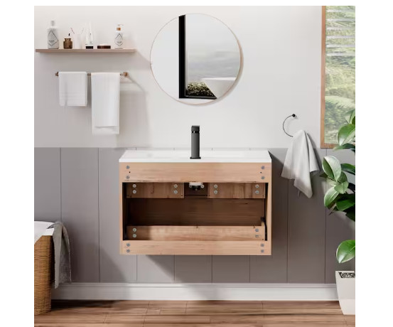 eclife 30″ Floating Oak Single Sink Bath Vanity White Resin Top Faucet Set