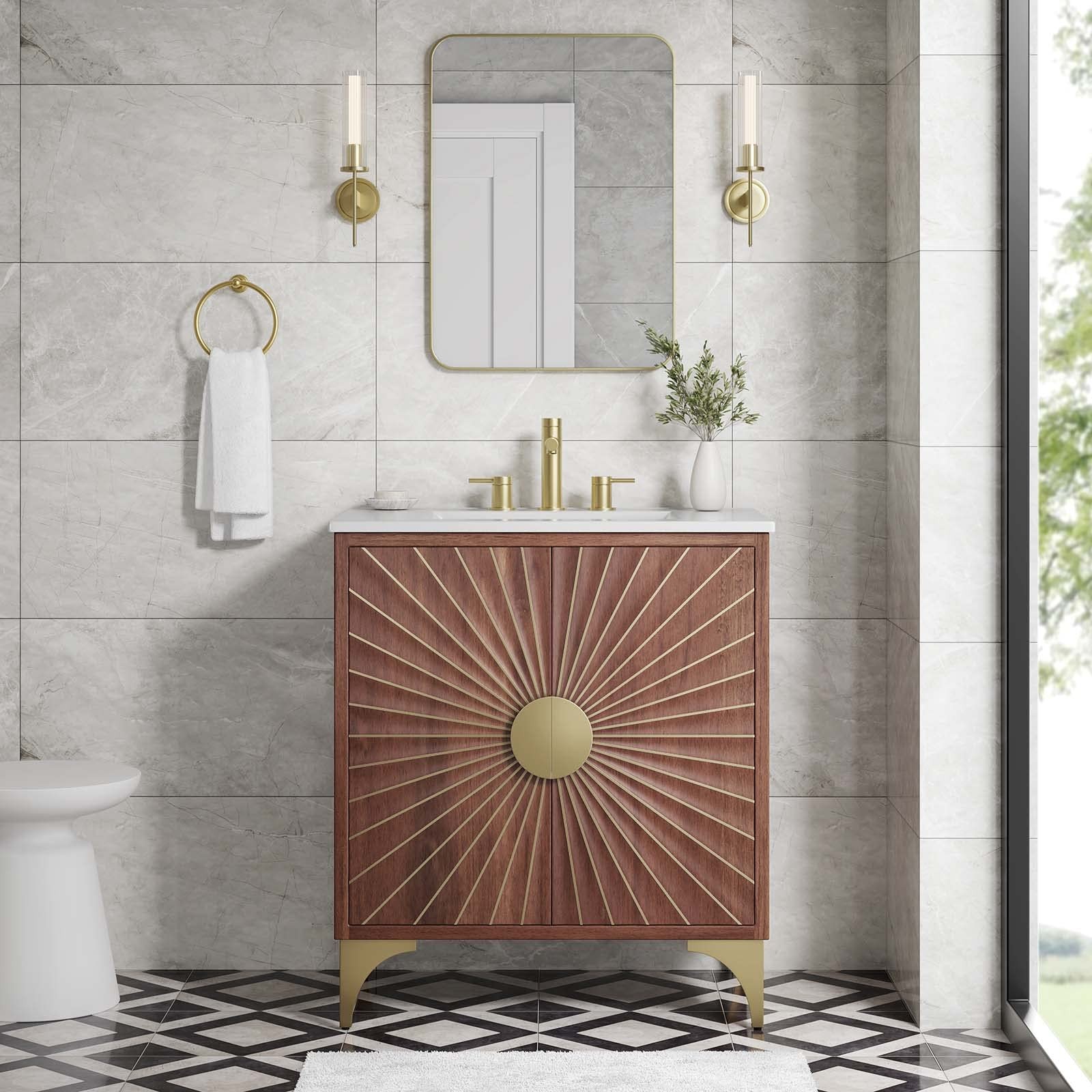 Pemberly Row 30″ Solid Mango Wood Bathroom Vanity in White/Walnut