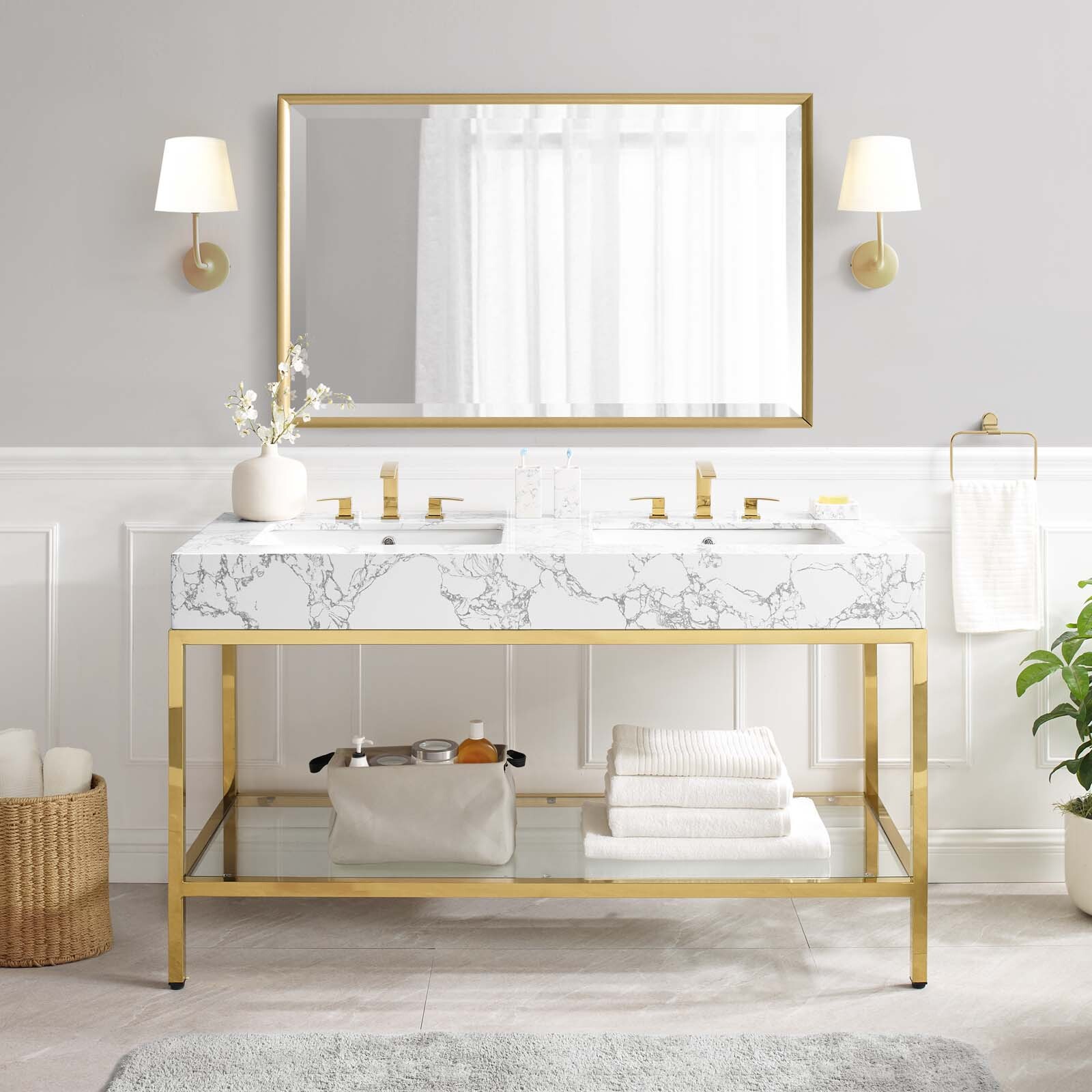Modway Kingsley 60″ Gold Stainless Steel Bathroom Vanity in Gold White