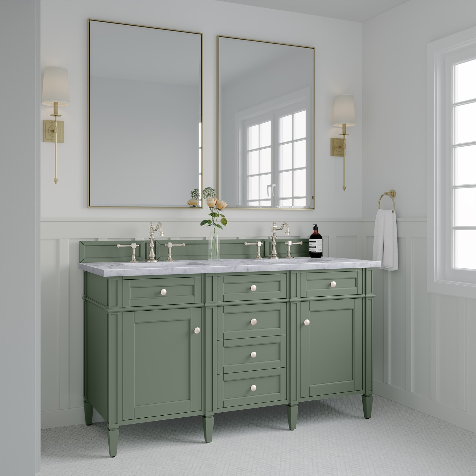 60″ James Martin Brittany Sage Green Double Bathroom Vanity + White Marble Top