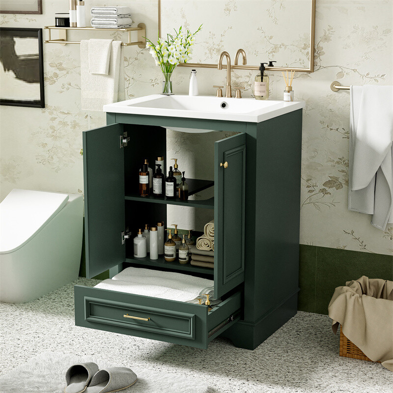 24” Bathroom Vanity with Ceramic Sink Combo Green Cabinet w/Doors & Drawers