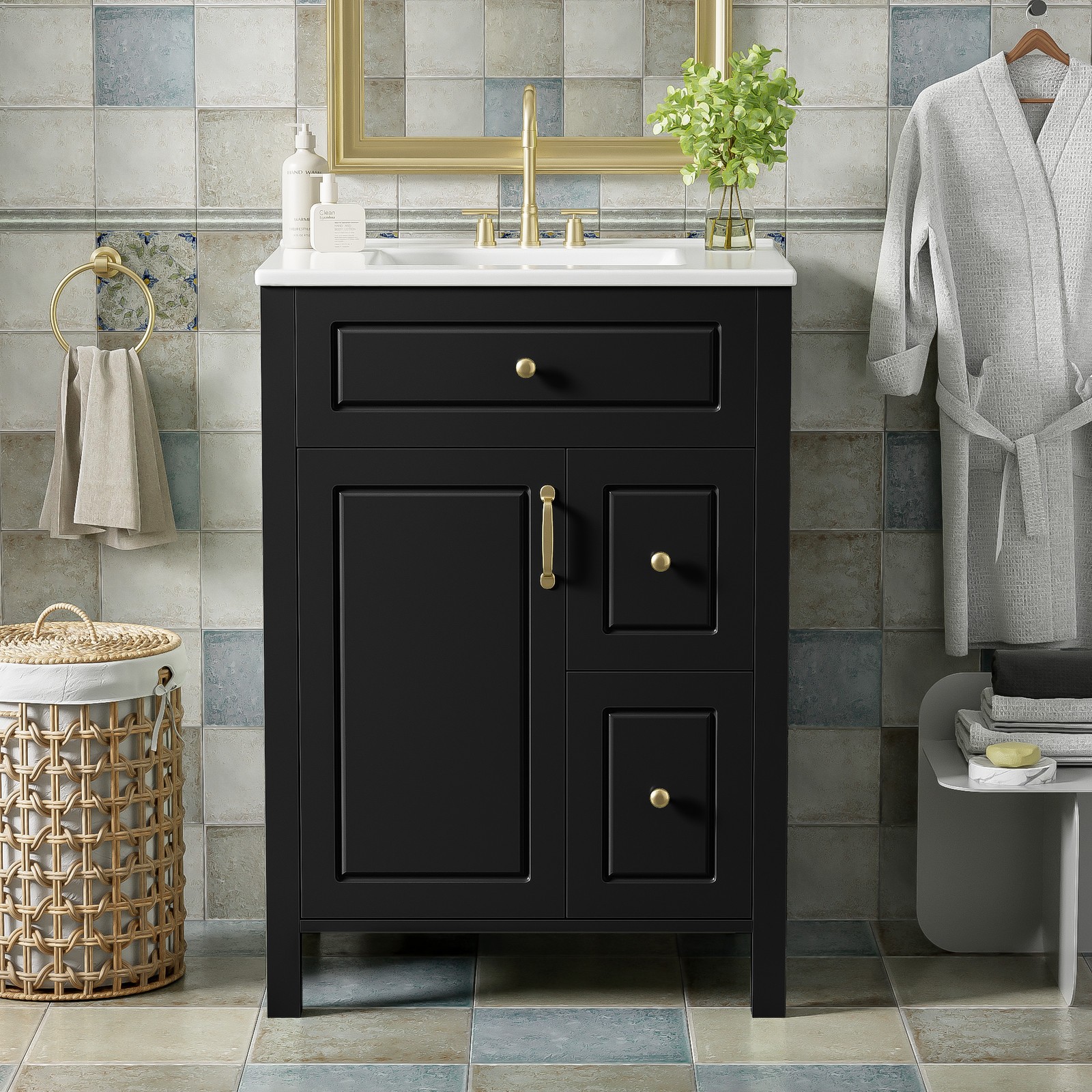 24″ Bathroom Vanity W/ Ceramic Sink 2 Soft-Close Drawers 1 Door Storage Cabinet
