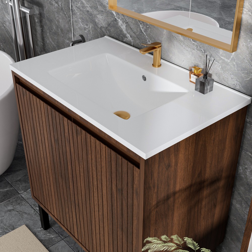 Modern Bathroom Vanity: White Sink, Soft Close Drawers, Walnut Wood Finish