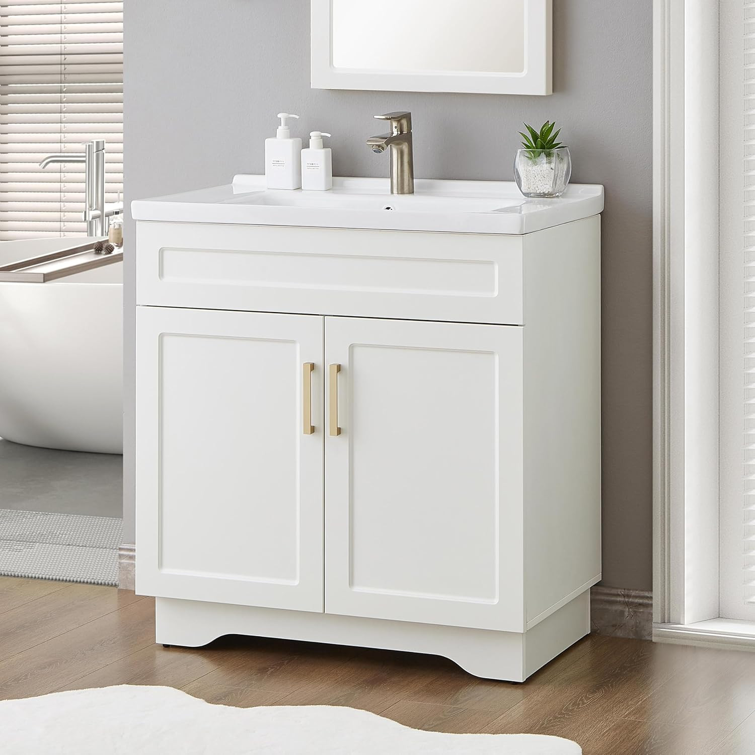 Bathroom Vanity with Ceramic Sink, Bathroom Vanity Cabinet with 2 Doors, 24 Inch