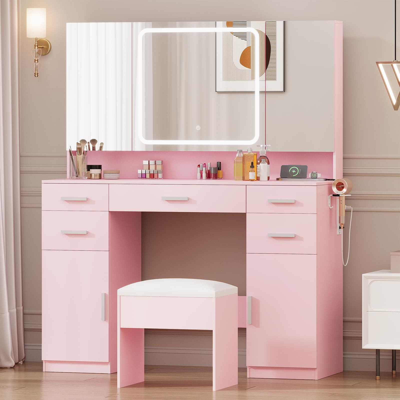 Pink Vanity Desk with Tri-Folding Mirror and Lights 7 Drawers Stool Power Outlet