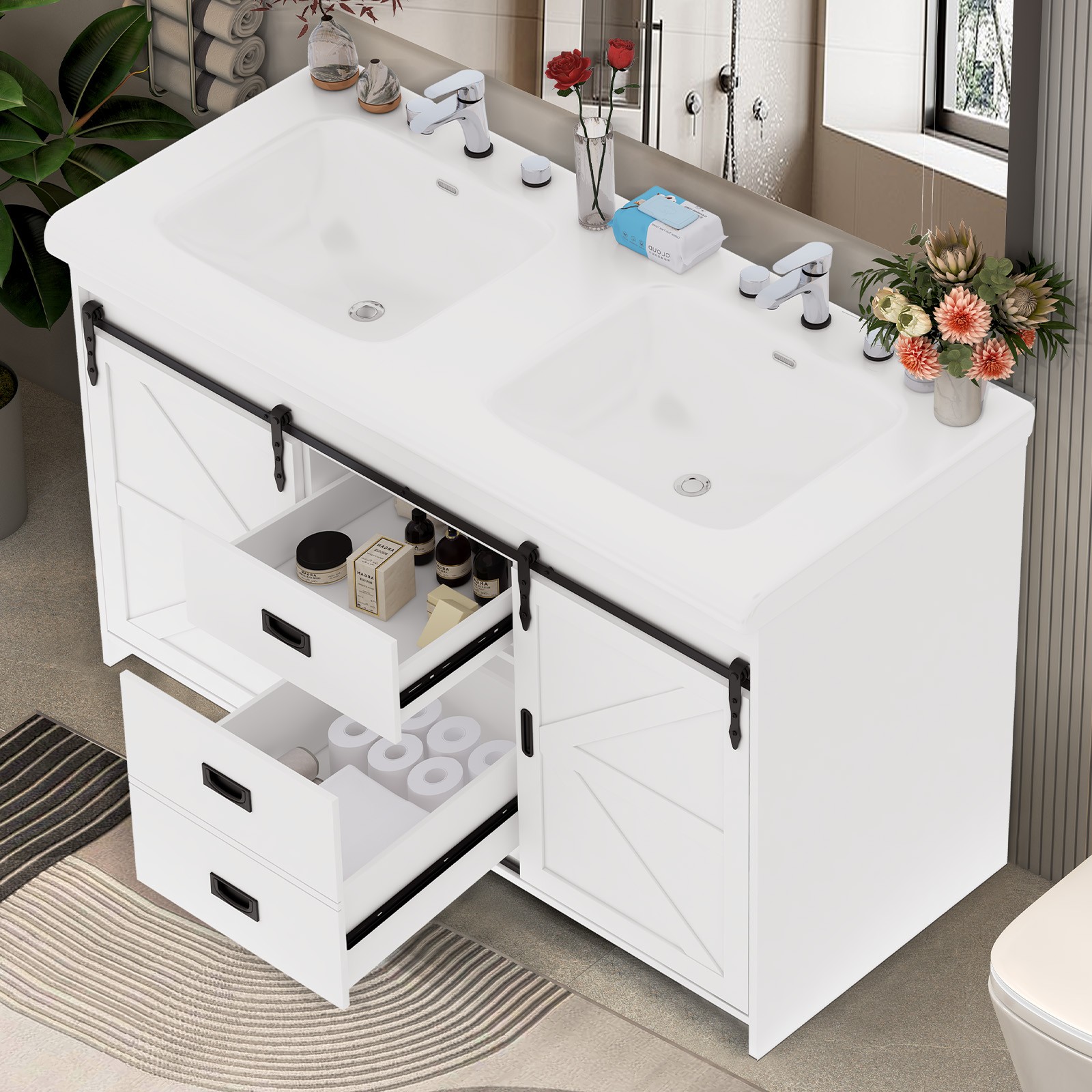 47 inch Bathroom Vanity Cabinet Double Ceramic Sink w/ Sliding Doors + Drawers