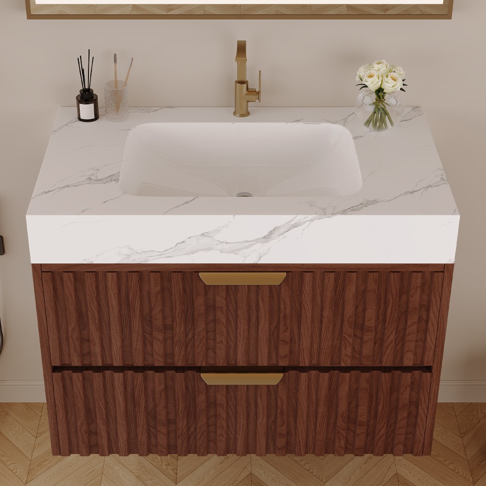 30″ Walnut Wall Mount Floating Bathroom Vanity Sintered Stone Top Ceramic Sink