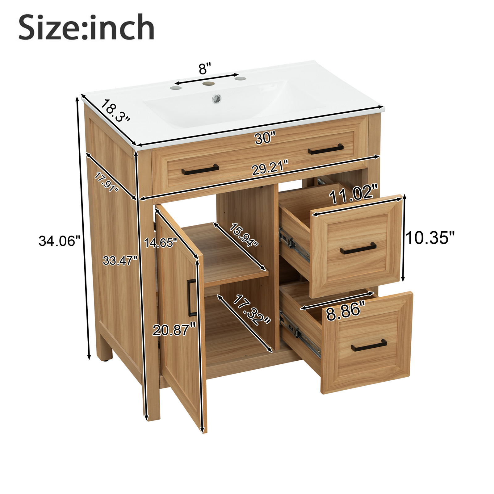 30″ Bathroom Vanity Solid Wood Frame W/Soft Close Door 2 Drawers Storage Cabinet