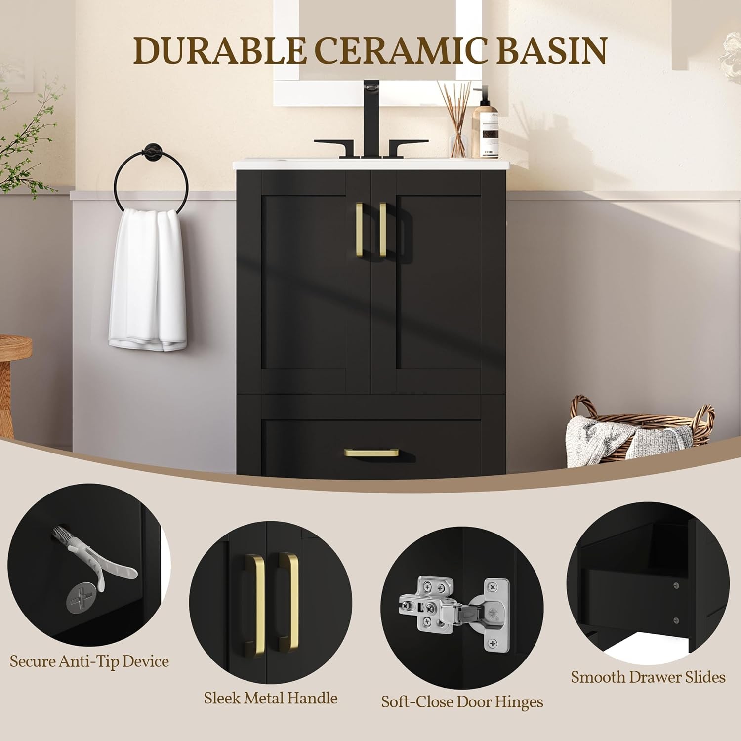 24.5″ Bathroom Vanity with Sink Bathroom Storage Cabinet with 2 Doors & Drawer
