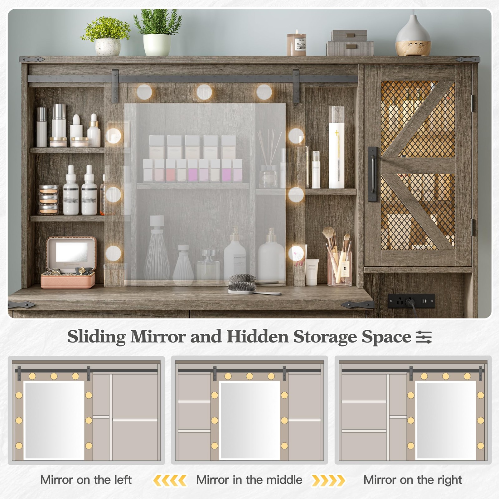 Farmhouse Vanity Desk Sliding Mirror Lights 4 Drawers RGB Cabinets Rustic Oak