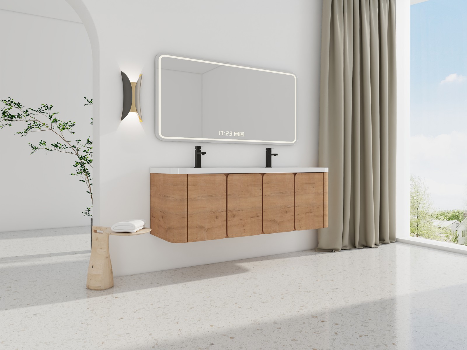 60″ Plywood Floating Wall-Mounted Bathroom Vanity With Double Resin Sink 4 Doors