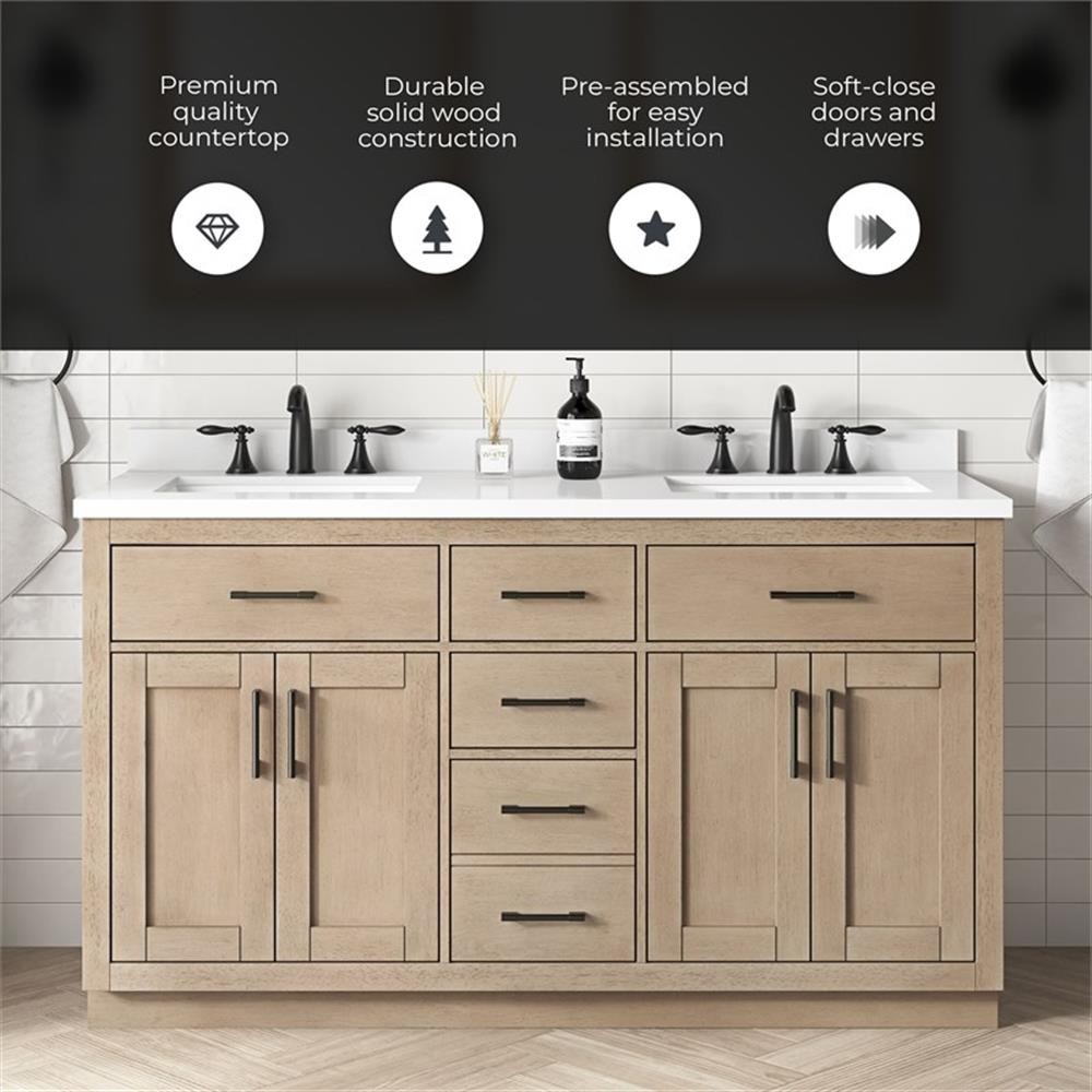 Pemberly Row 60″ Double Bathroom Vanity in Sahara Birch with White Countertop