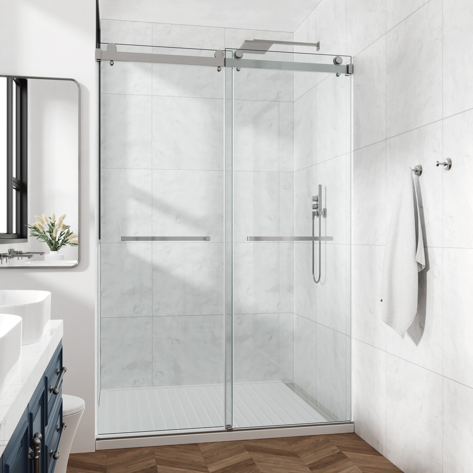 72x60in Frameless Sliding Shower Door, Brushed Nickel, 3/8in Tempered Glass