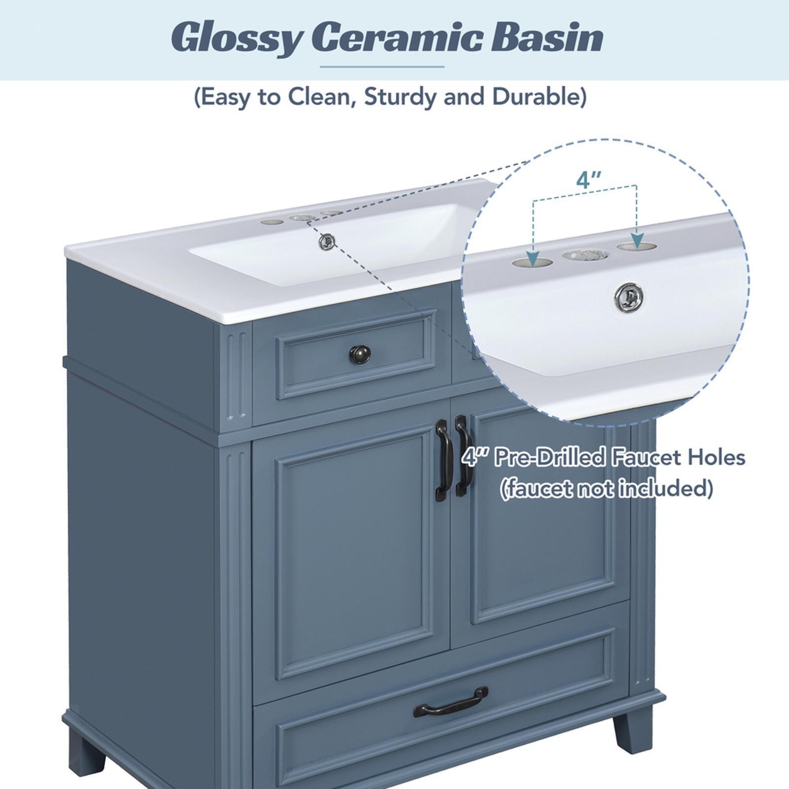 30” Bathroom Vanity in Retro Blue, Solid Wood Frame & Ceramic Sink, Ample