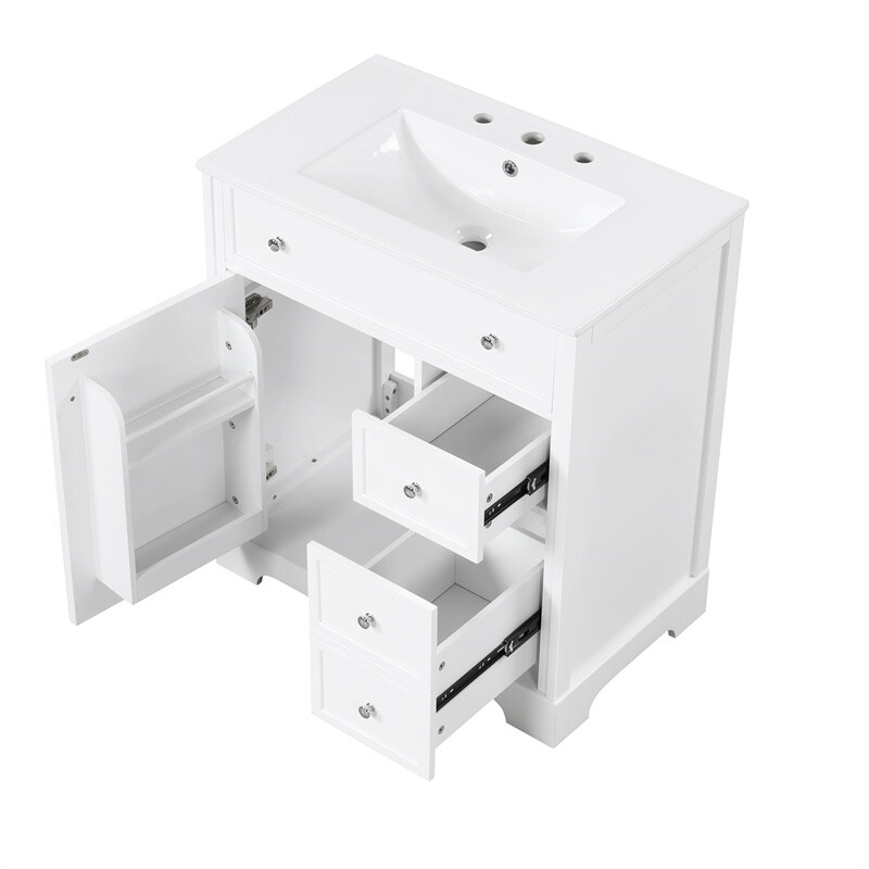 30″ White Bathroom Vanity with Ceramic Sink Set Storage Cabinet w/Door & Drawers